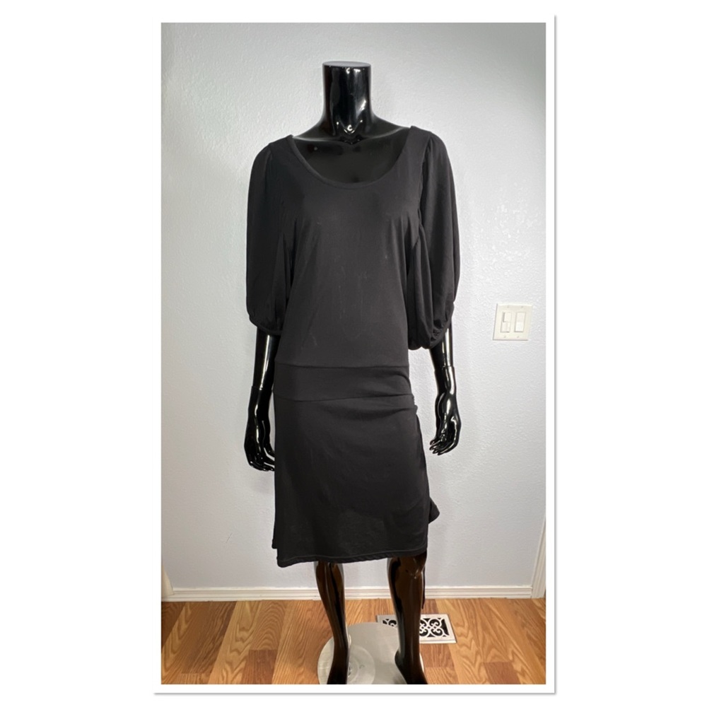 Free People Puff Sleeve Ruched Side Seam Drop Waist Dress Sz S Tencel/Cotton